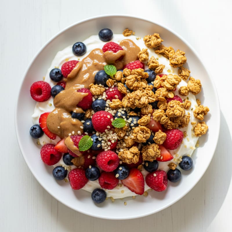 Greek Yogurt Protein Parfait with Mixed Berries and Almond Butter