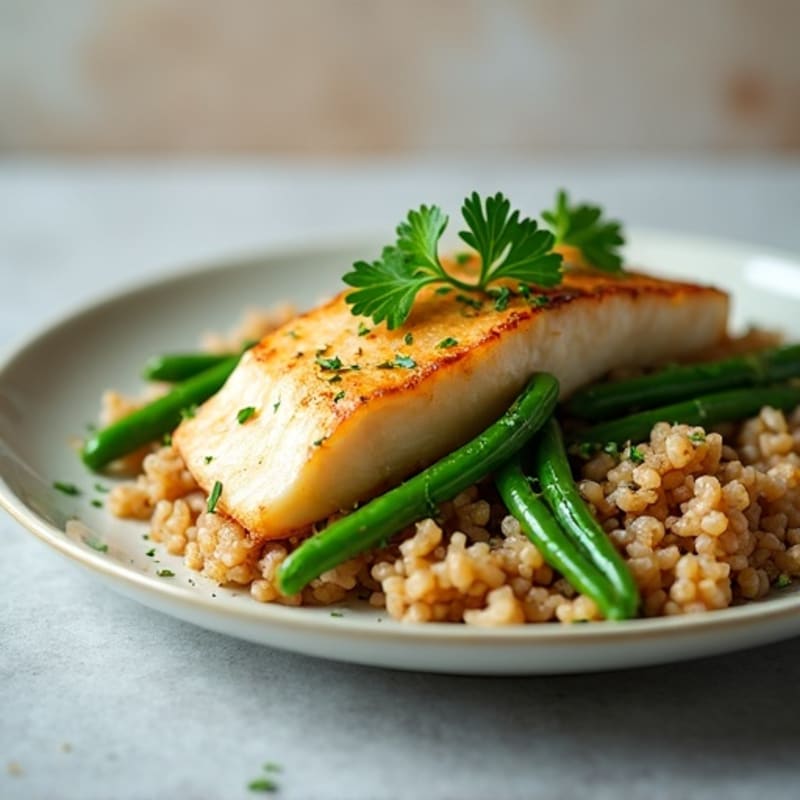Seared Cod with Garlic Green Beans and Brown Rice