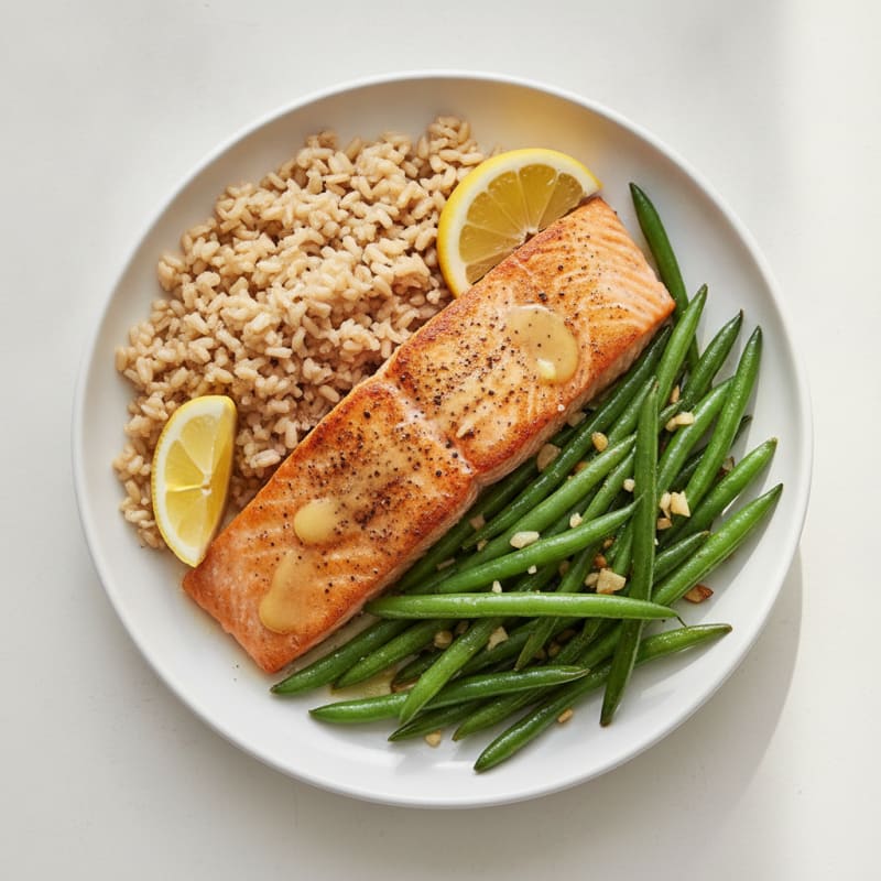 Seared Salmon with Garlic Green Beans and Brown Rice