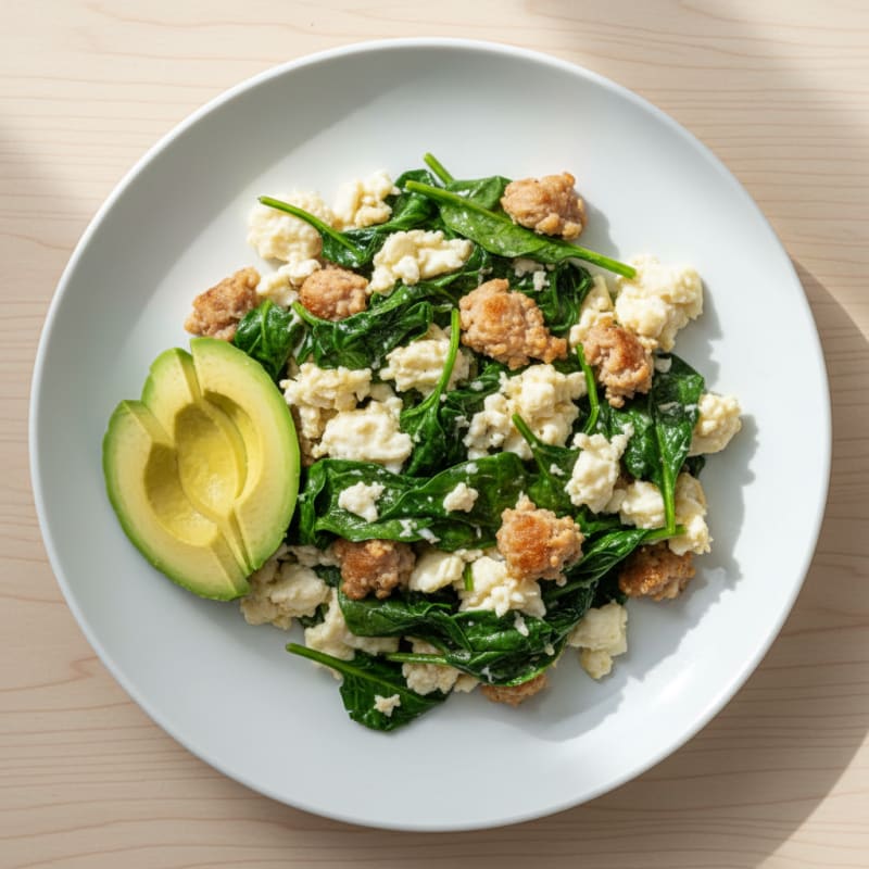 Egg White Scramble with Turkey Sausage and Sautéed Spinach