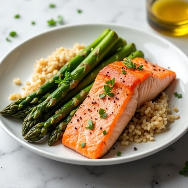 Baked Salmon Fillet with Roasted Asparagus and Brown Rice