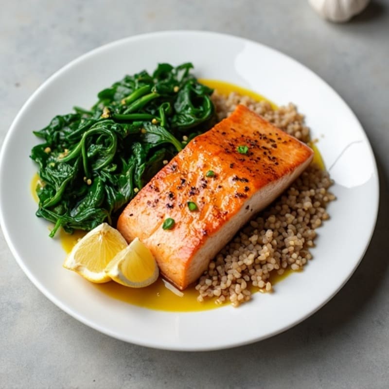 Seared Salmon with Garlic Spinach and Brown Rice