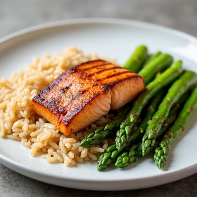 Seared Salmon Fillet with Steamed Asparagus and Brown Rice