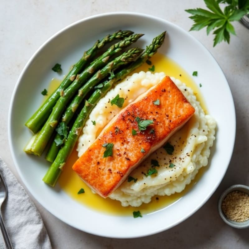 Seared Salmon with Steamed Asparagus and Cauliflower Mash