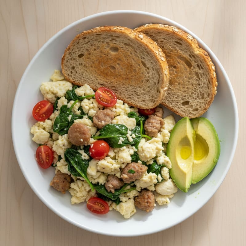 Egg White and Spinach Scramble with Turkey Sausage