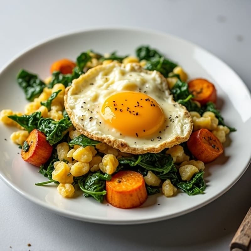 Cottage Cheese Egg Scramble with Spinach and Roasted Sweet Potato