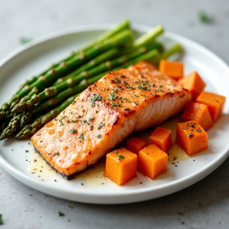 Seared Salmon with Roasted Sweet Potato and Asparagus