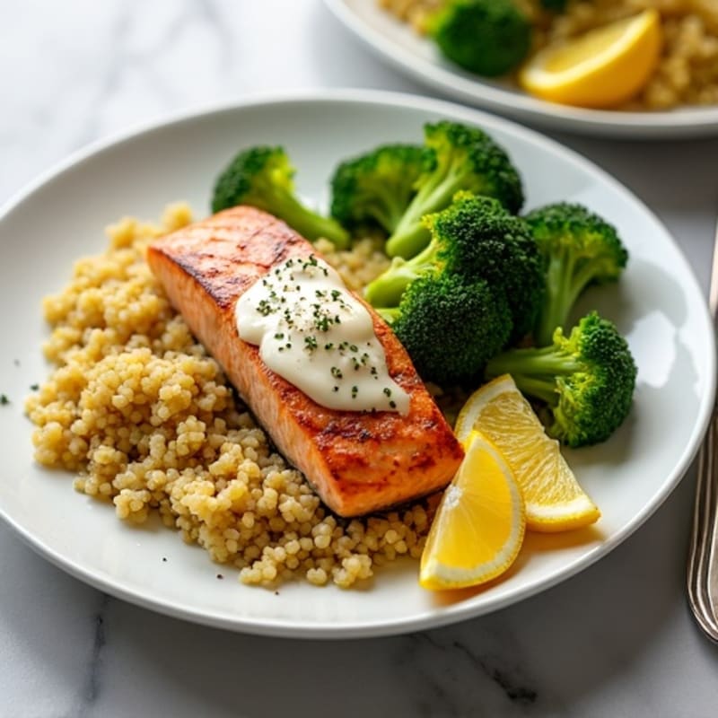 Seared Salmon with Steamed Broccoli and Lemon Quinoa