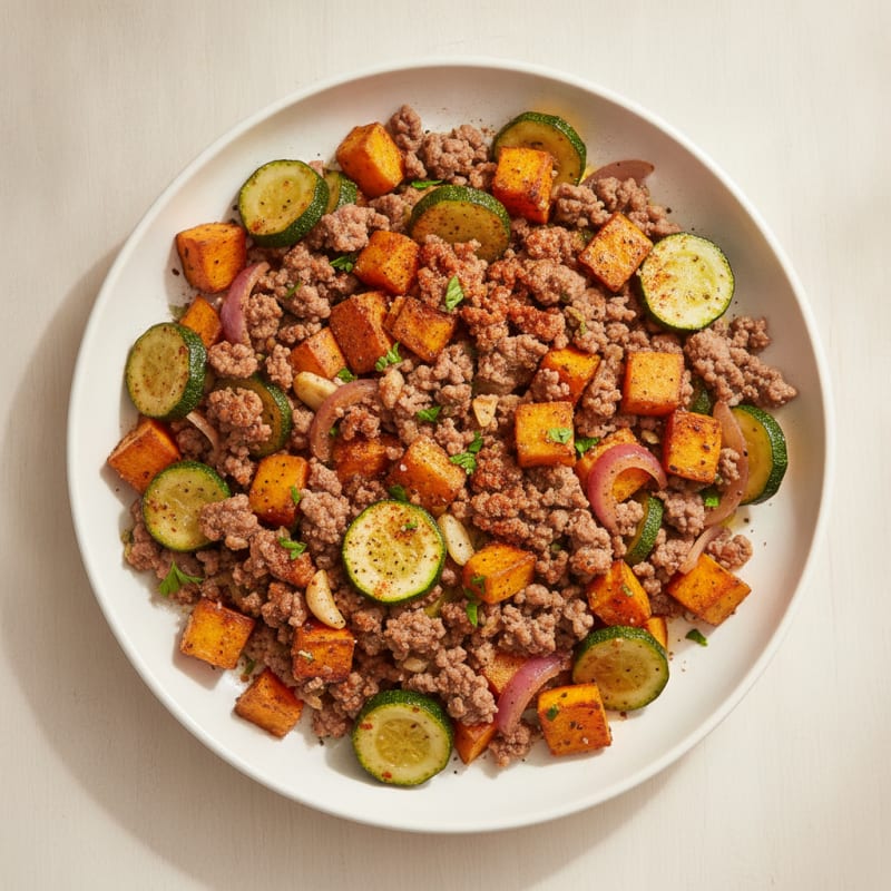 Ground Beef Skillet with Zucchini and Sweet Potato
