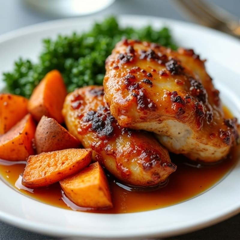 Crispy Maple Glazed Chicken Thighs with Roasted Sweet Potatoes
