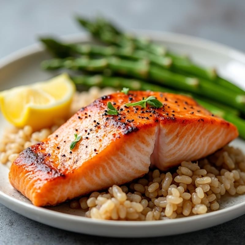Seared Salmon with Steamed Asparagus and Brown Rice