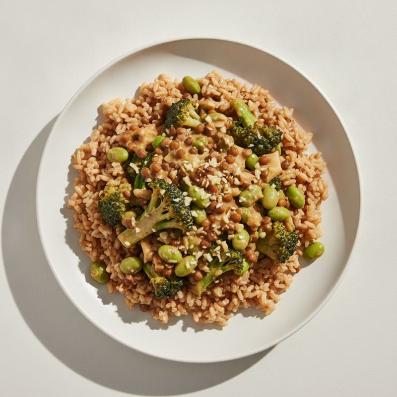 Creamy Lentil and Edamame Stir Fry with Brown Rice