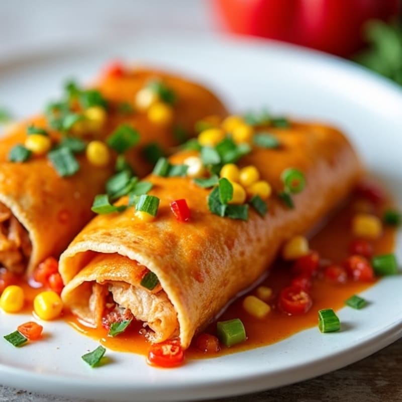 Lean Shredded Chicken Enchiladas with Roasted Corn and Peppers