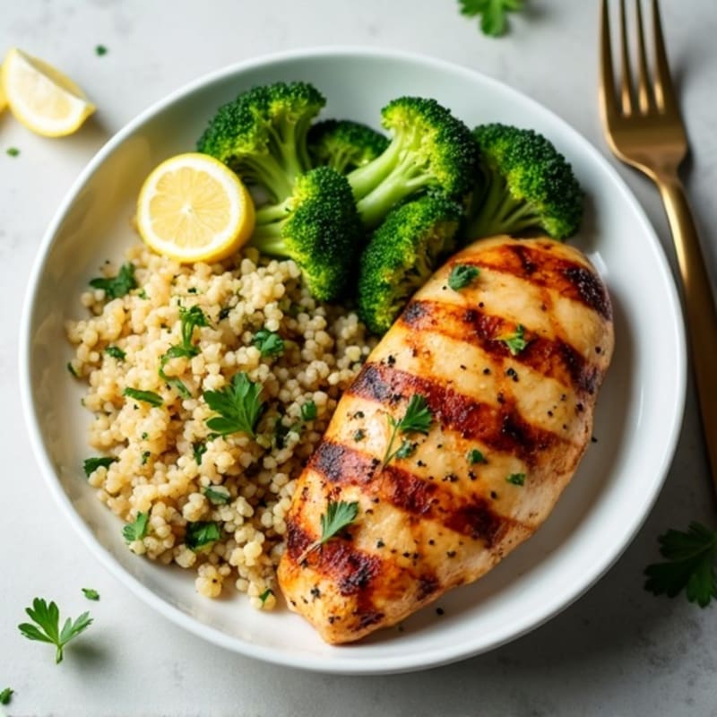 Grilled Chicken Breast with Broccoli and Lemon Herb Quinoa