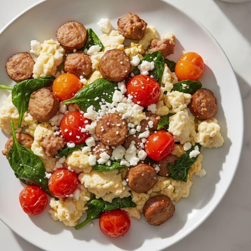 Egg White and Turkey Sausage Scramble with Spinach and Cherry Tomatoes