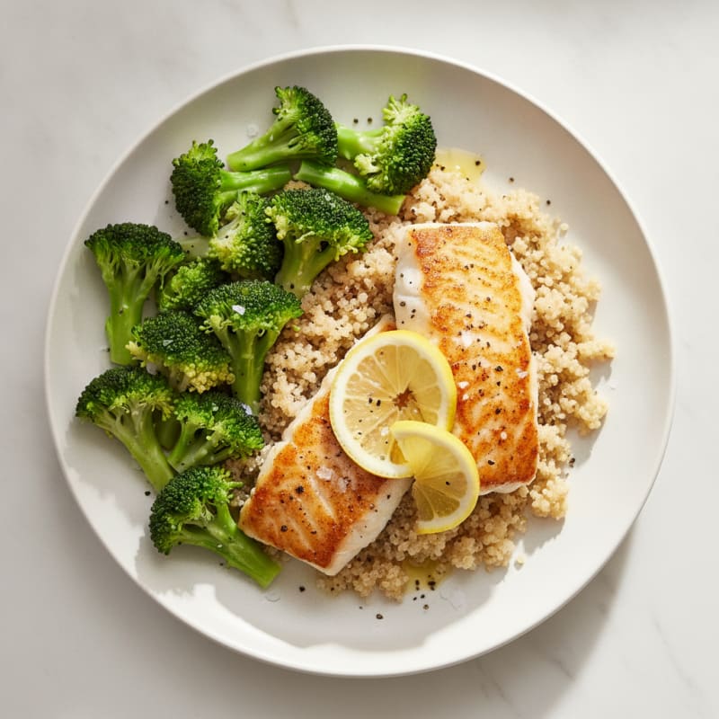Seared Cod with Steamed Broccoli and Quinoa