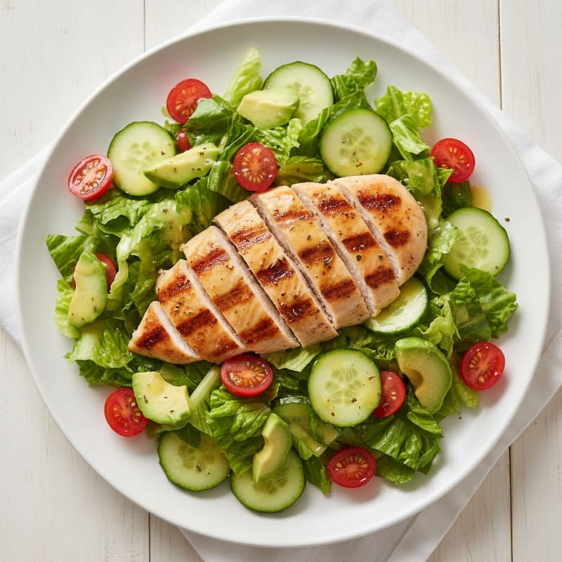 Grilled Chicken Breast with Crisp Romaine and Cherry Tomato Salad