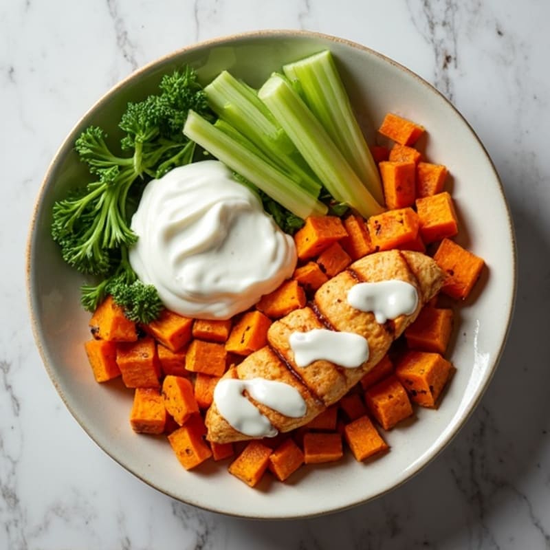 Creamy Buffalo Chicken Bowls with Roasted Sweet Potatoes