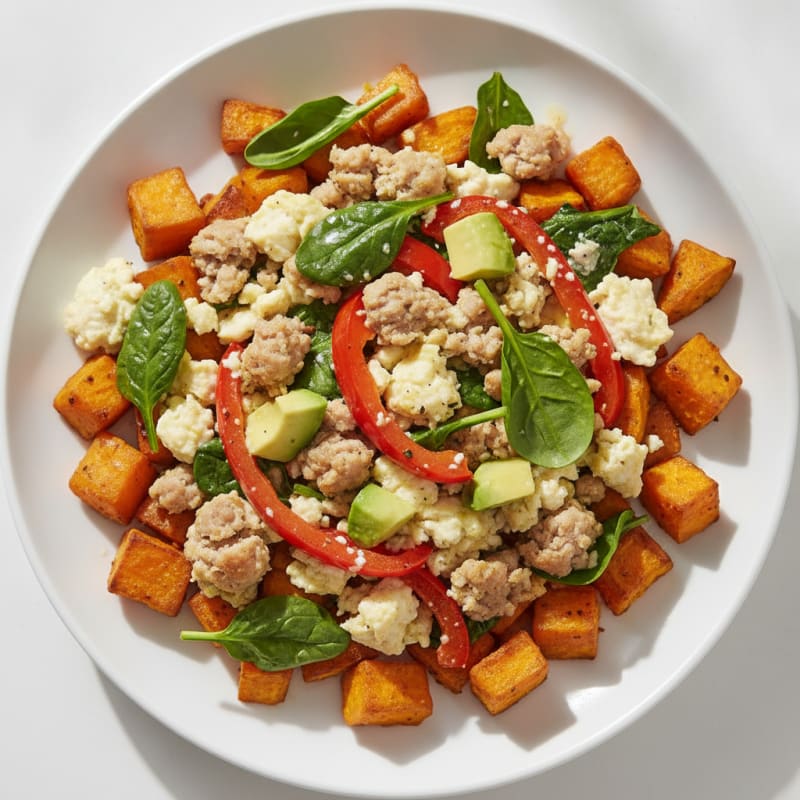 Egg White and Turkey Sausage Scramble with Roasted Sweet Potatoes