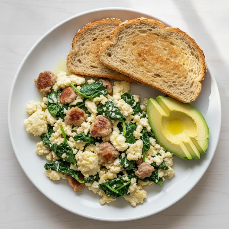 Egg White Spinach Scramble with Turkey Sausage