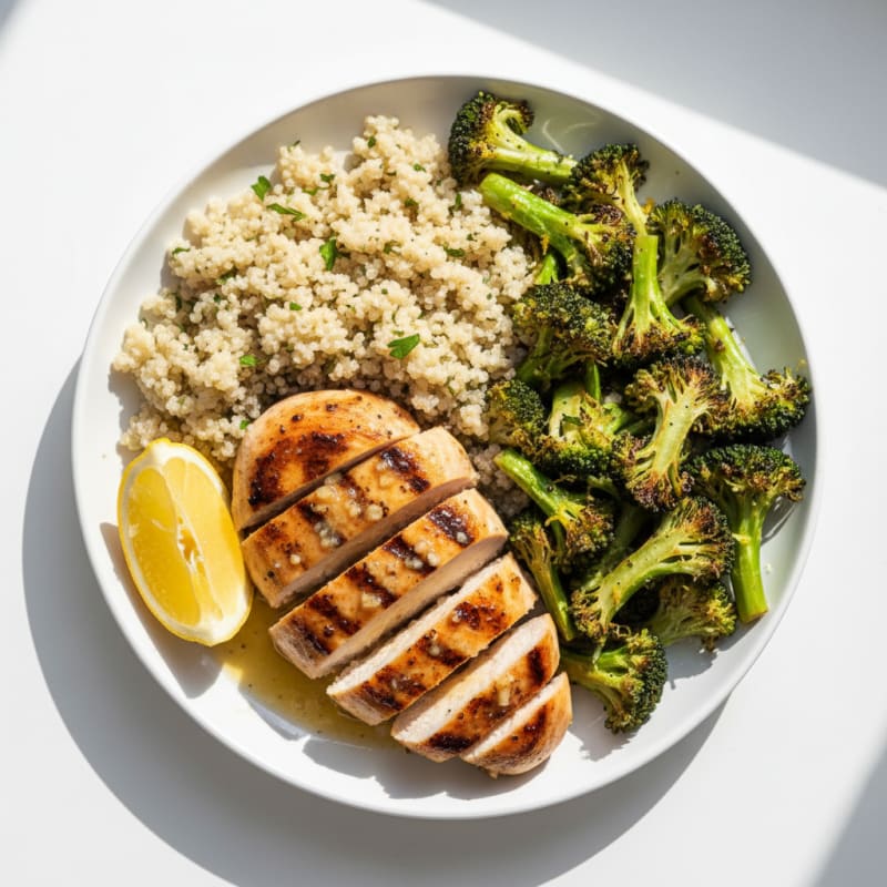Lemon Garlic Grilled Chicken with Quinoa and Roasted Broccoli