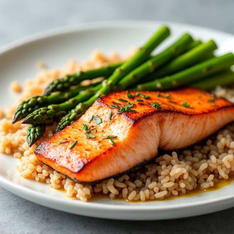 Seared Salmon with Steamed Asparagus and Brown Rice