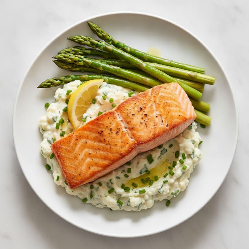 Seared Salmon with Steamed Asparagus and Herb Cauliflower Mash