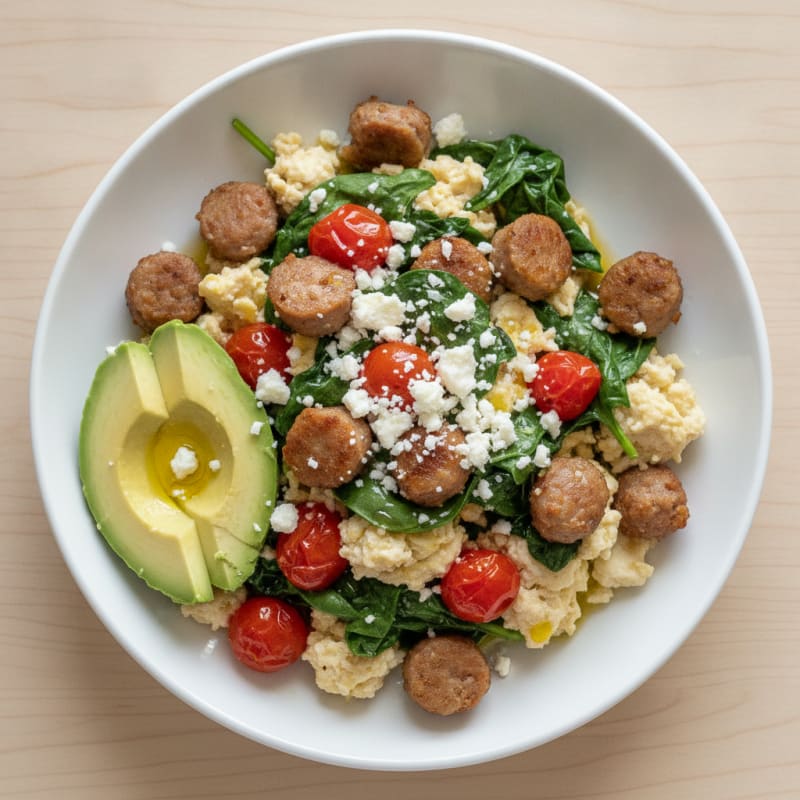 Egg White and Turkey Sausage Scramble with Spinach and Tomatoes