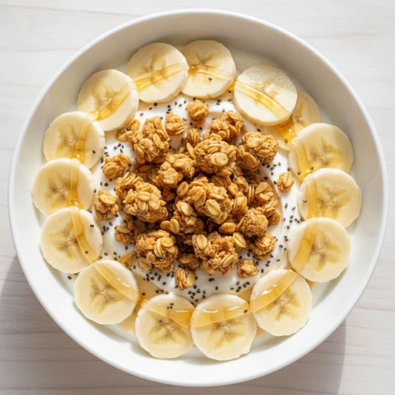 High-Protein Yogurt Bowl with Sliced Bananas and Toasted Almond Granola