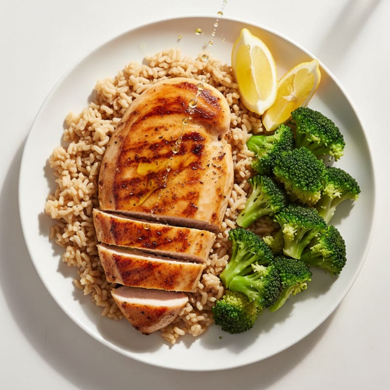Seared Chicken Breast with Steamed Broccoli and Brown Rice
