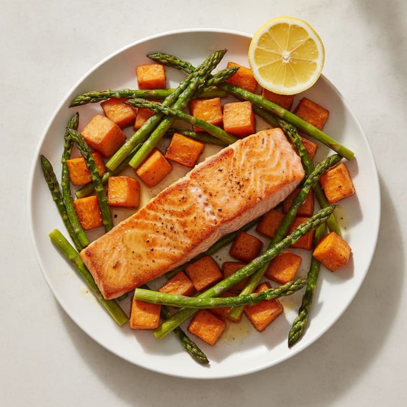 Seared Salmon with Roasted Sweet Potato and Asparagus