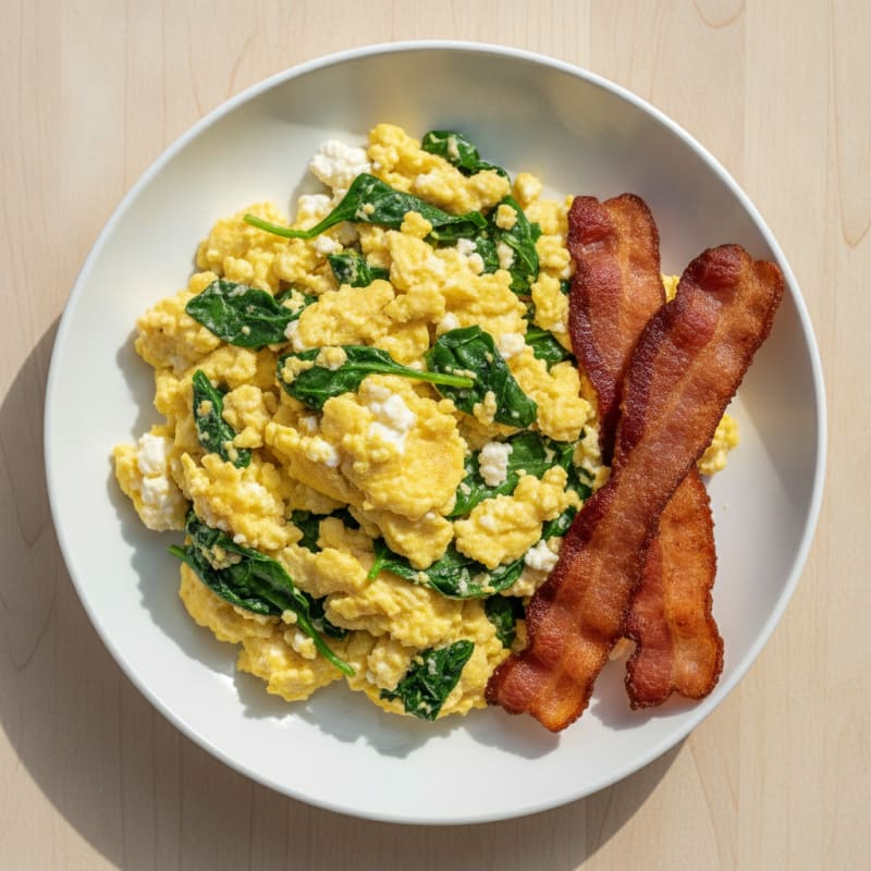 Cottage Cheese Scramble with Spinach and Turkey Bacon
