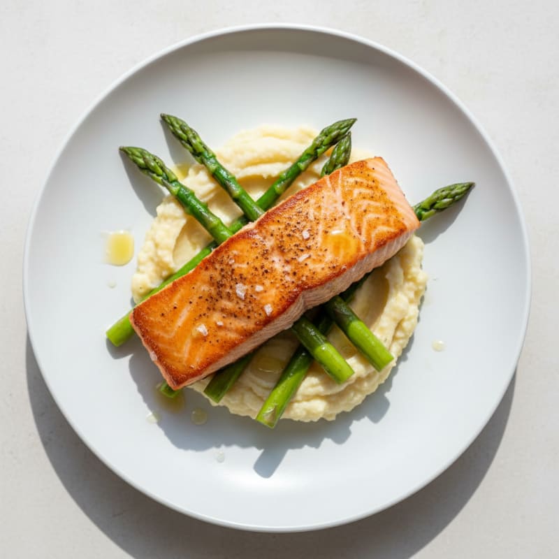 Seared Salmon with Steamed Asparagus and Cauliflower Mash