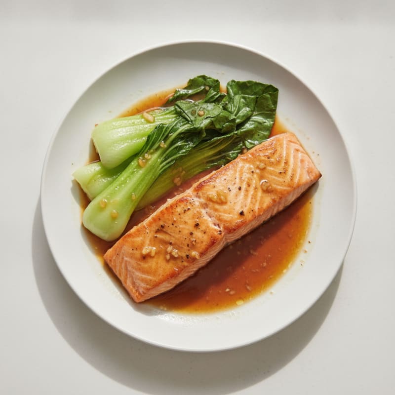 Seared Salmon with Steamed Bok Choy and Ginger Soy Glaze
