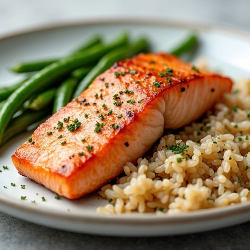 Seared Salmon with Garlic Green Beans and Brown Rice
