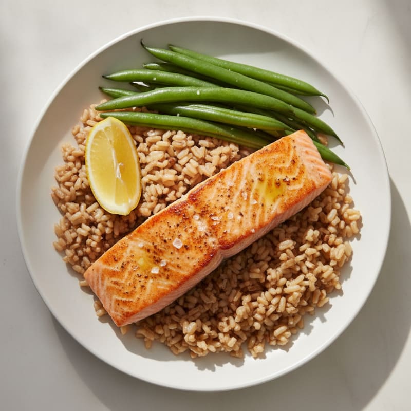 Seared Salmon with Steamed Green Beans and Brown Rice