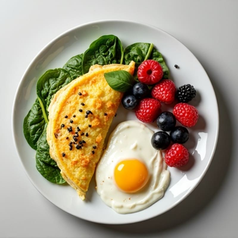 Egg White Spinach Omelet with Cottage Cheese and Fresh Berries