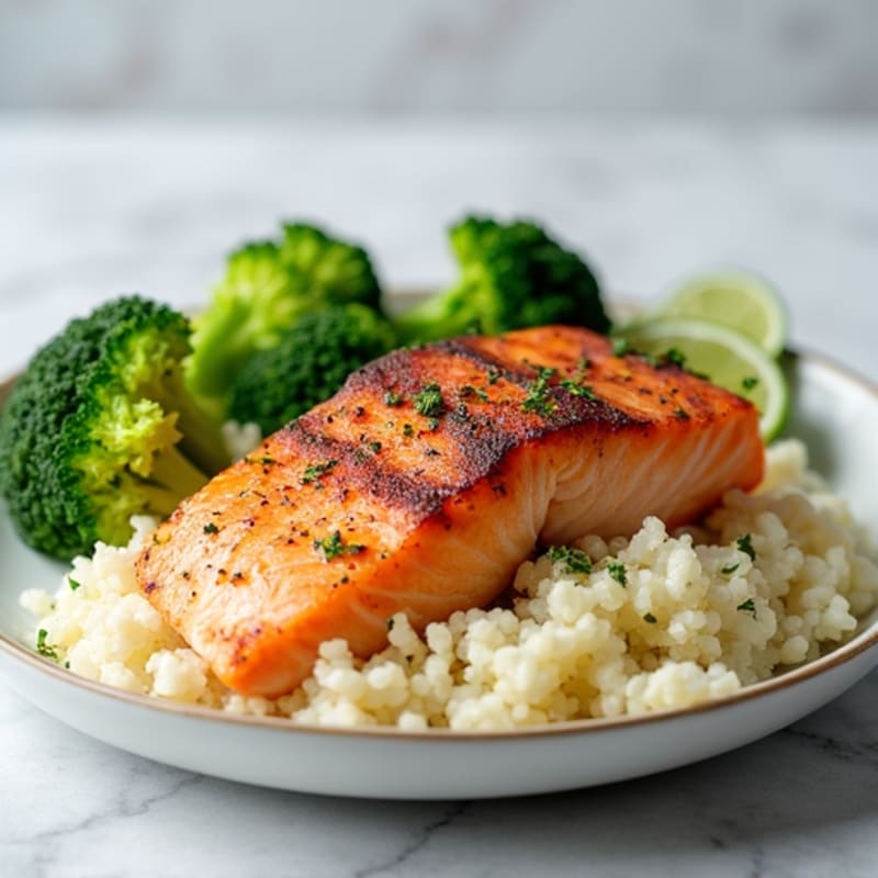 Seared Salmon with Steamed Broccoli and Cauliflower Rice