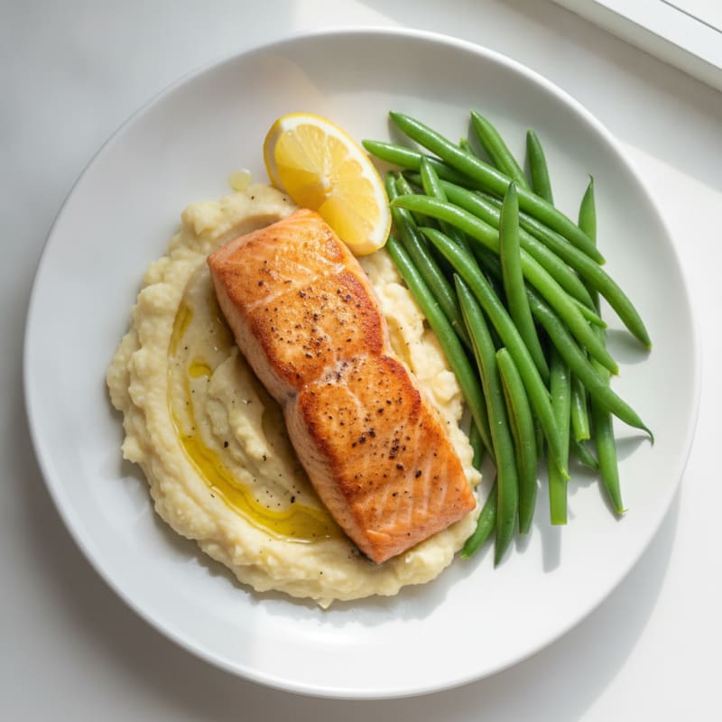 Seared Salmon with Steamed Green Beans and Garlic Mashed Cauliflower