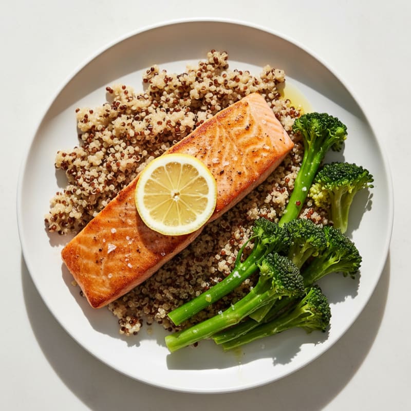 Seared Salmon Fillet with Steamed Broccoli and Quinoa
