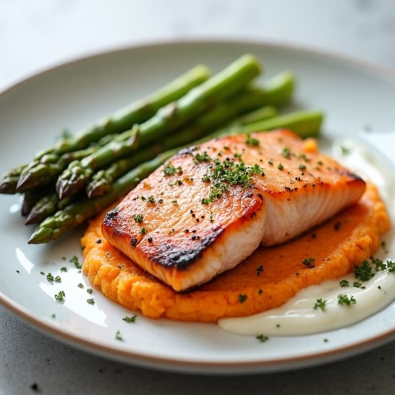 Seared Salmon Fillet with Roasted Asparagus and Sweet Potato Mash