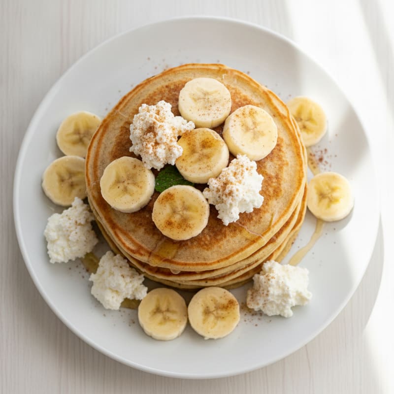 Greek Yogurt Pancakes with Sliced Bananas and Cottage Cheese