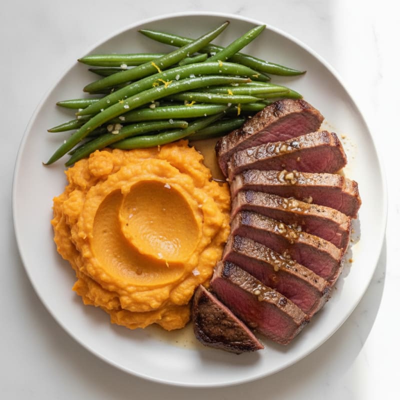 Seared Sirloin Steak with Steamed Green Beans and Sweet Potato Mash
