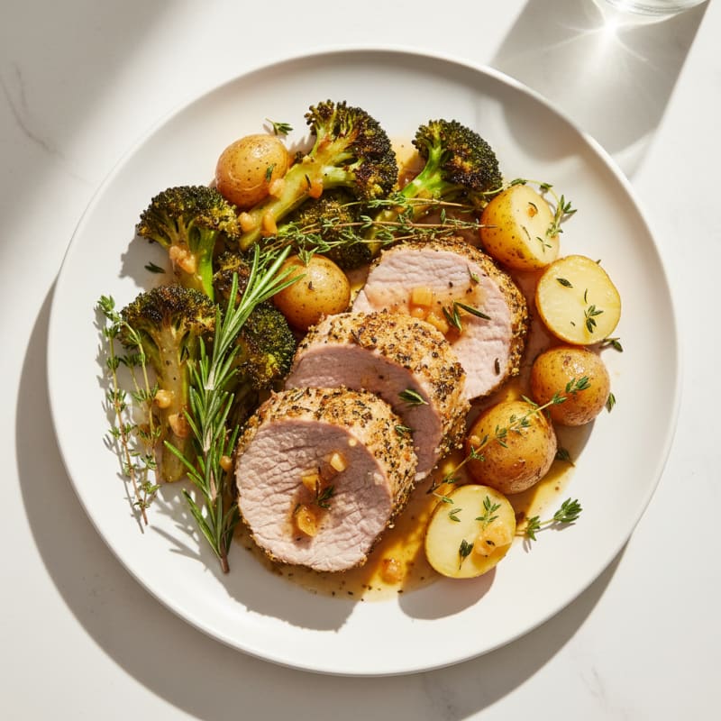 Herb-Roasted Pork Tenderloin with Garlic Broccoli