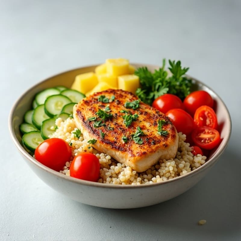 Herb-Marinated Chicken Quinoa Bowl with Fresh Vegetables