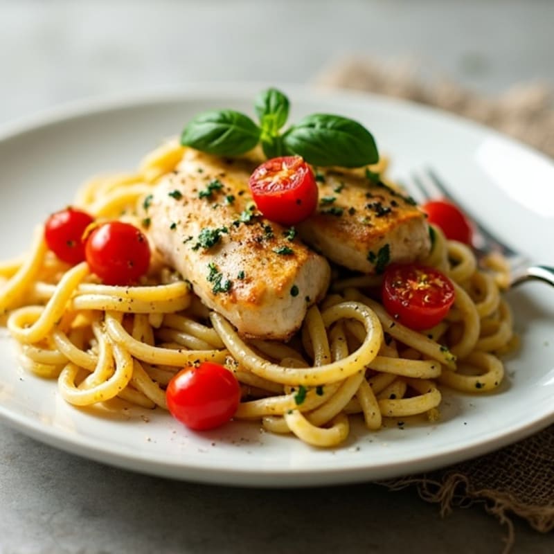 Chicken Pesto Whole Wheat Pasta with Roasted Cherry Tomatoes