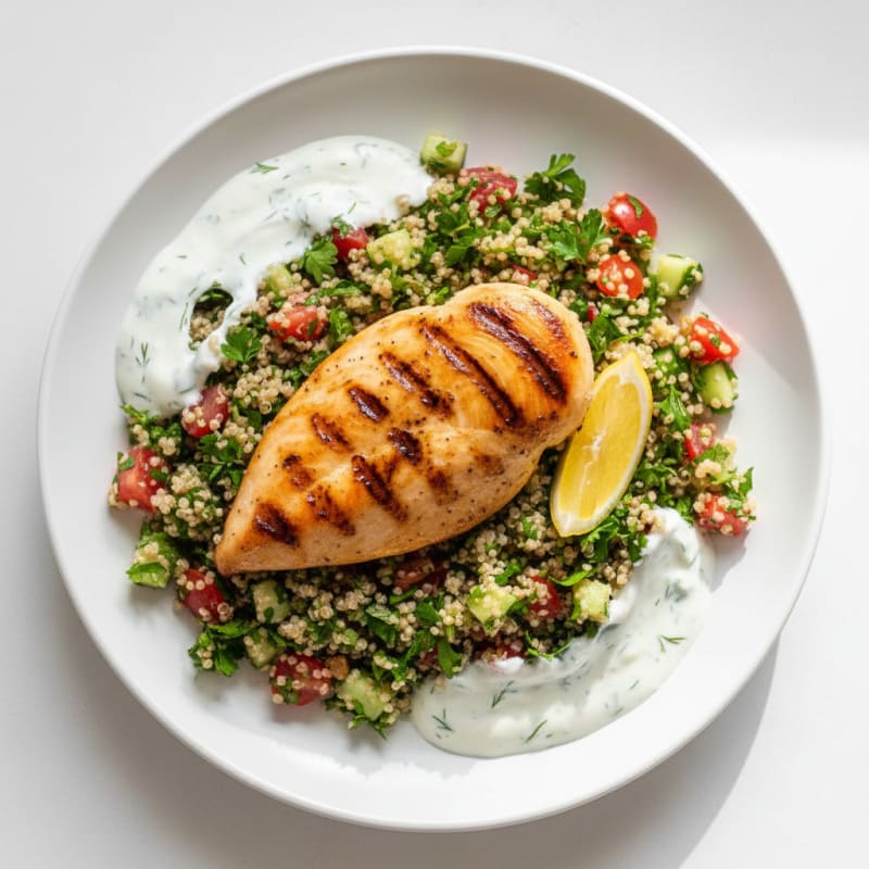 Grilled Chicken Breast with Quinoa Tabbouleh and Cucumber Yogurt Sauce