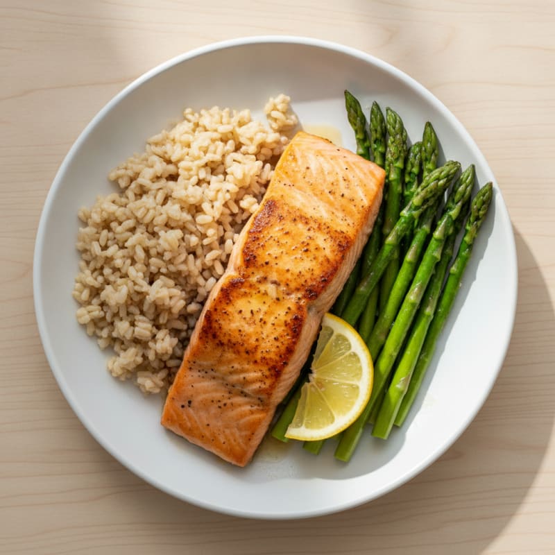 Seared Salmon with Steamed Asparagus and Brown Rice
