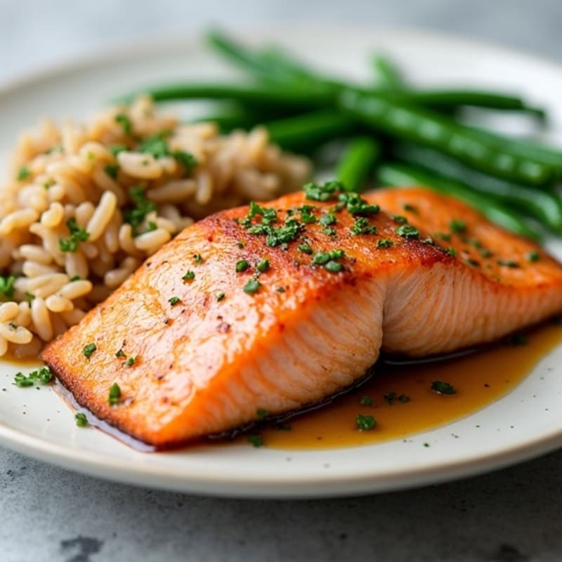 Seared Salmon with Steamed Green Beans and Brown Rice