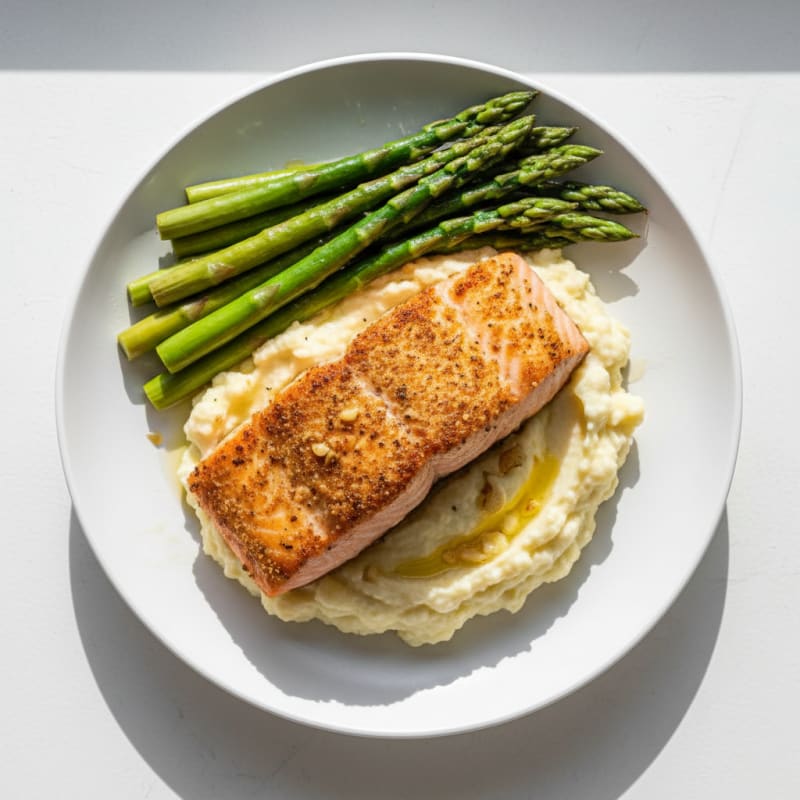 Seared Salmon with Steamed Asparagus and Garlic Mashed Cauliflower